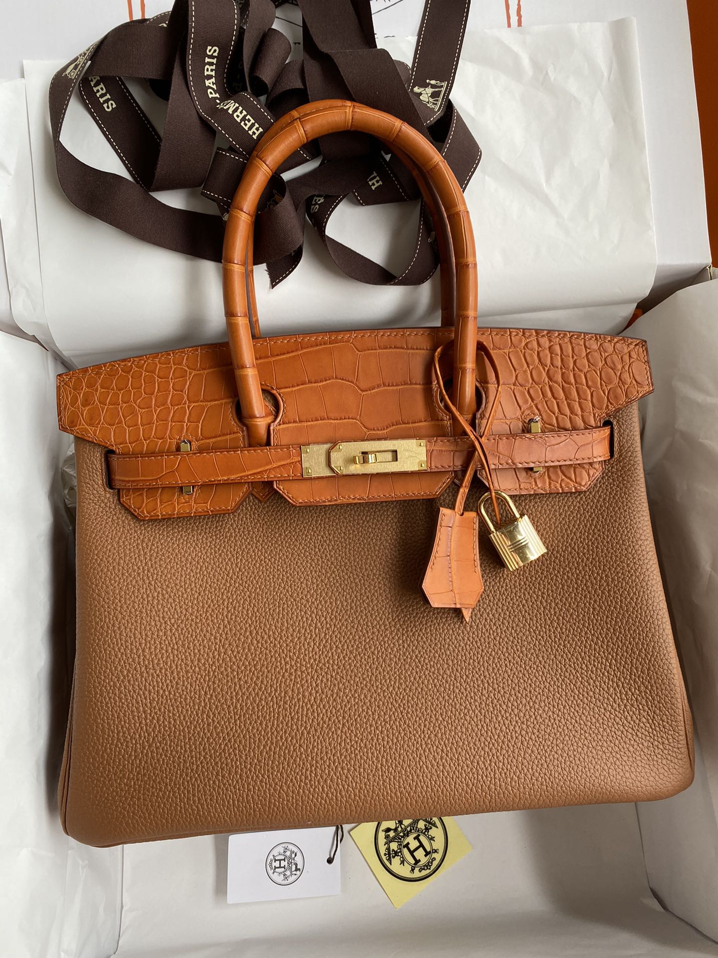 Hermes Touch Birkin 30CM Handbag In Brown Clemence and Matte Alligator Crocodile Skin